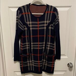 Sweater Dress Tunic Plaid Round neck long sleeve Blue Red tan Women Large zipper
